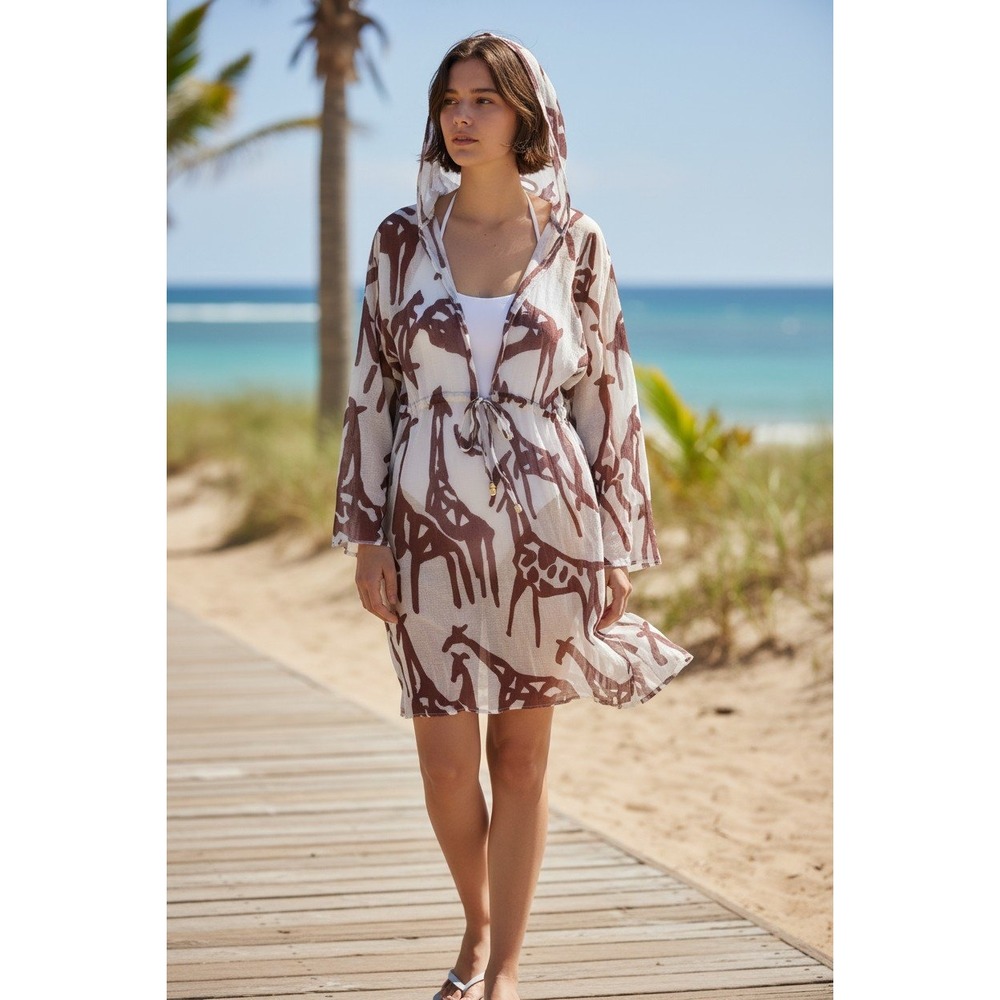 Hooded Giraffe Print Cotton Gauze Tunic Cover Up Burgundy Gold Metallic Small
